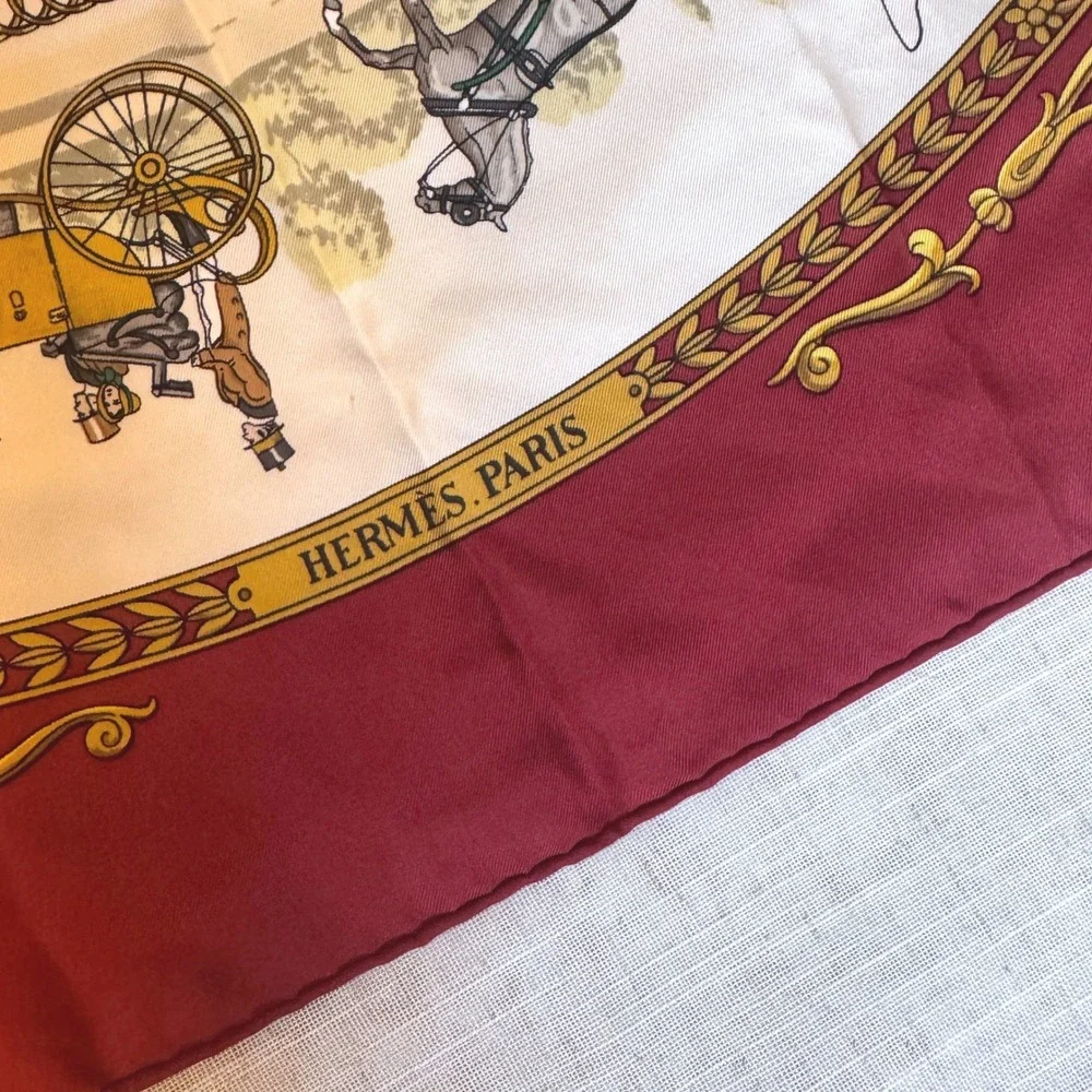 Vintage Hermes La Promenade‎ De Longchamps Silk Scarf Burgundy Philippe Ledoux